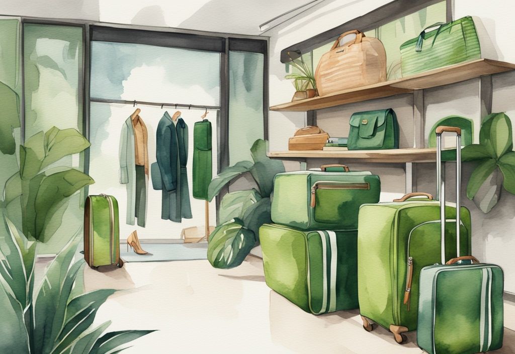 Modern watercolor illustration of green eco-friendly luggage in a stylish storefront display