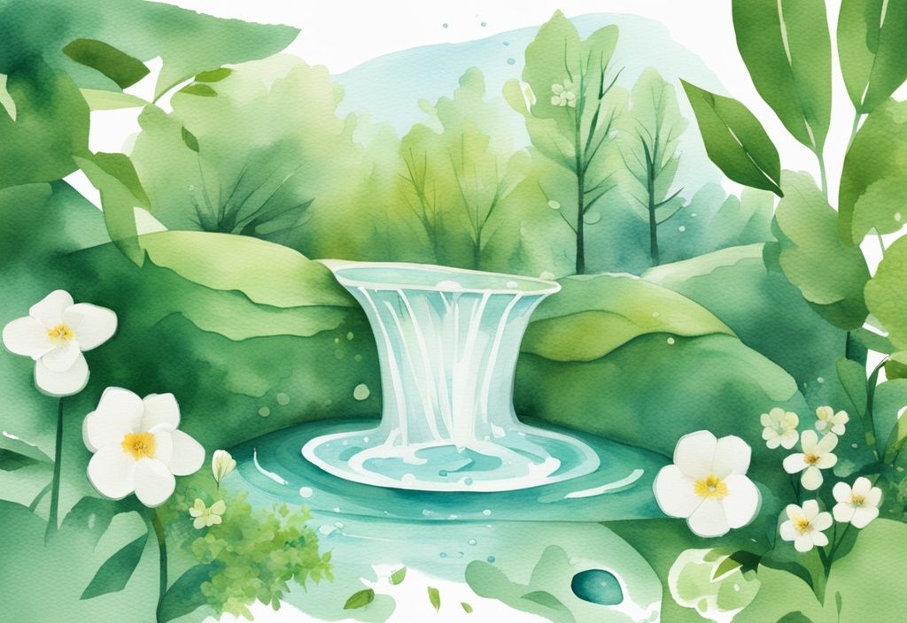 Modern watercolor illustration of Earth Breeze laundry detergent package with green theme, flowers, leaves, and clear water stream, highlighting the question: is Earth Breeze non-toxic?