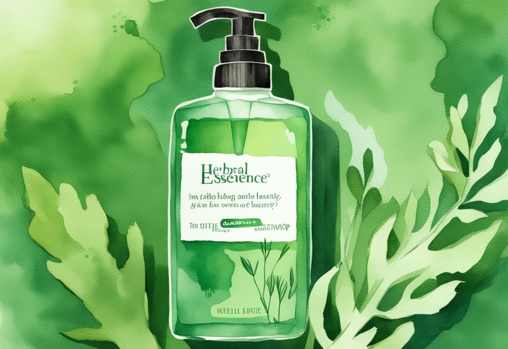 Modern watercolor illustration featuring a green-themed Herbal Essences shampoo bottle with a question mark, surrounded by strands of shed hair in the background.