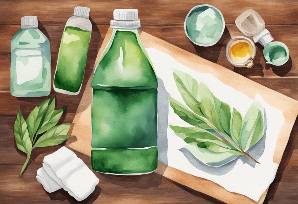 Modern watercolor illustration of green-themed natural ingredients including baking soda, vinegar, essential oils, and a jar of non-toxic laundry detergent on a wooden surface.