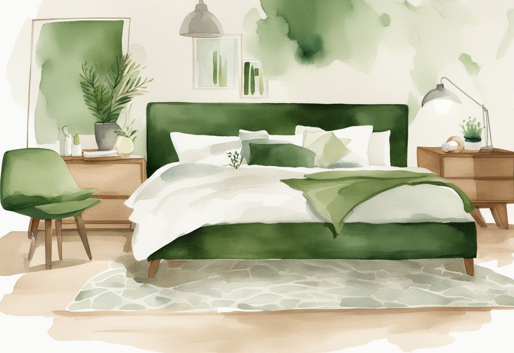 Modern green watercolor illustration of minimalist chic bedroom furniture in a cozy, well-lit room with natural non-toxic materials