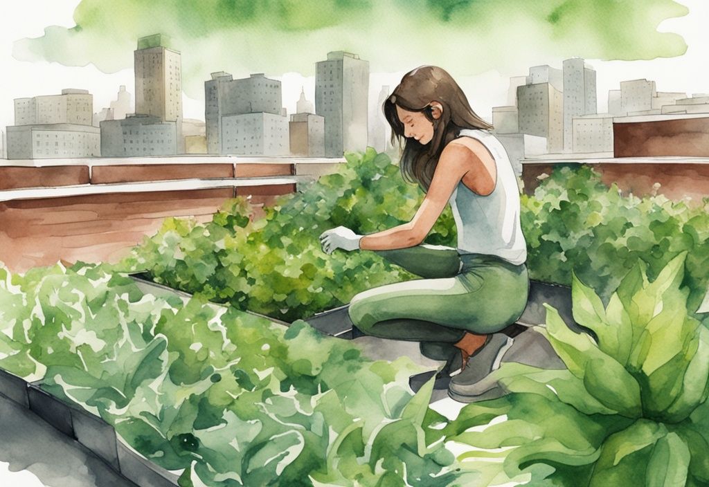 Young woman working in lush green rooftop garden in urban cityscape, modern watercolor illustration, urban farming, sustainable practices.