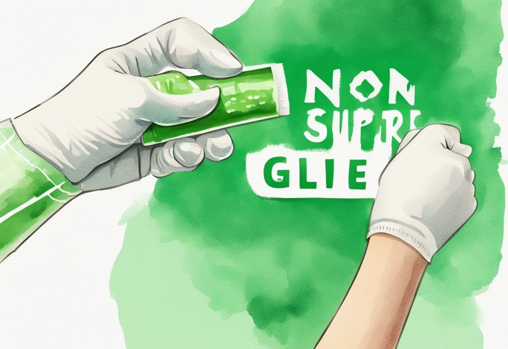 Modern watercolor illustration of non toxic super glue for teeth being applied to a shiny, healthy tooth by a gloved hand.