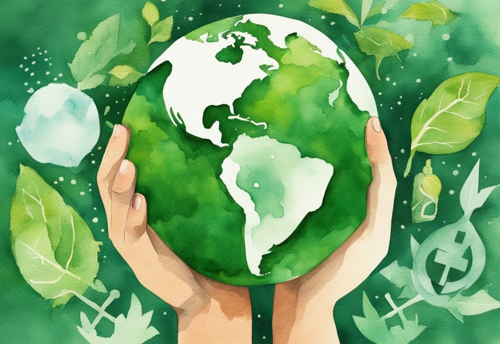 Modern watercolor illustration of green Earth with recycling symbol in hands, surrounded by recyclable materials, highlighting why zero waste is important.