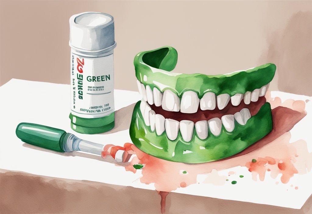 Modern green watercolor illustration of non-toxic super glue tube next to dentures for dental use