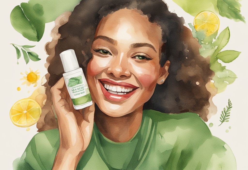 Modern watercolor illustration with green theme, smiling woman with moisturized lips, Burt's Bees lip balms scattered around.