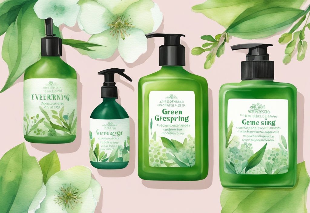 Modern watercolor illustration of Everspring cleaning products with green theme, non-toxic labels, fresh spring blossoms, and leaves.