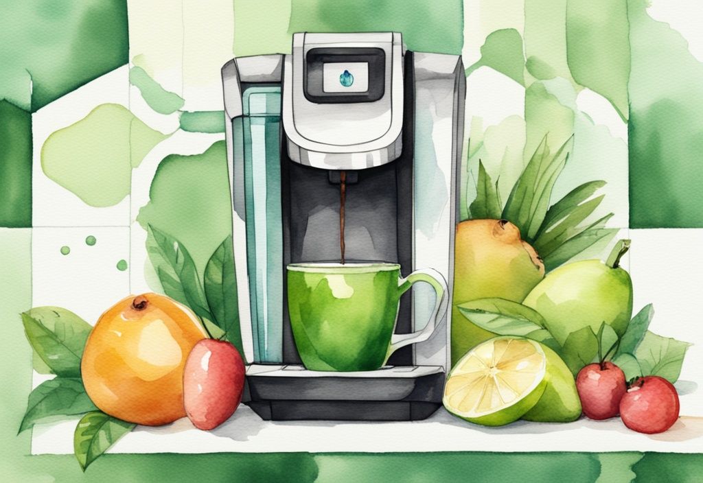 Modern watercolor illustration of a green-themed Keurig coffee machine with fresh fruits, measuring tape, and a health check mark.