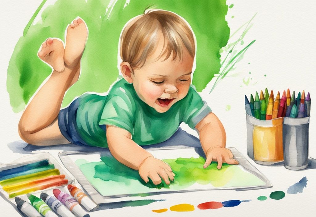 Modern watercolor illustration with green theme, colorful non-toxic crayons, scribbled drawing, cheerful toddler engaging in safe creative play in the background.