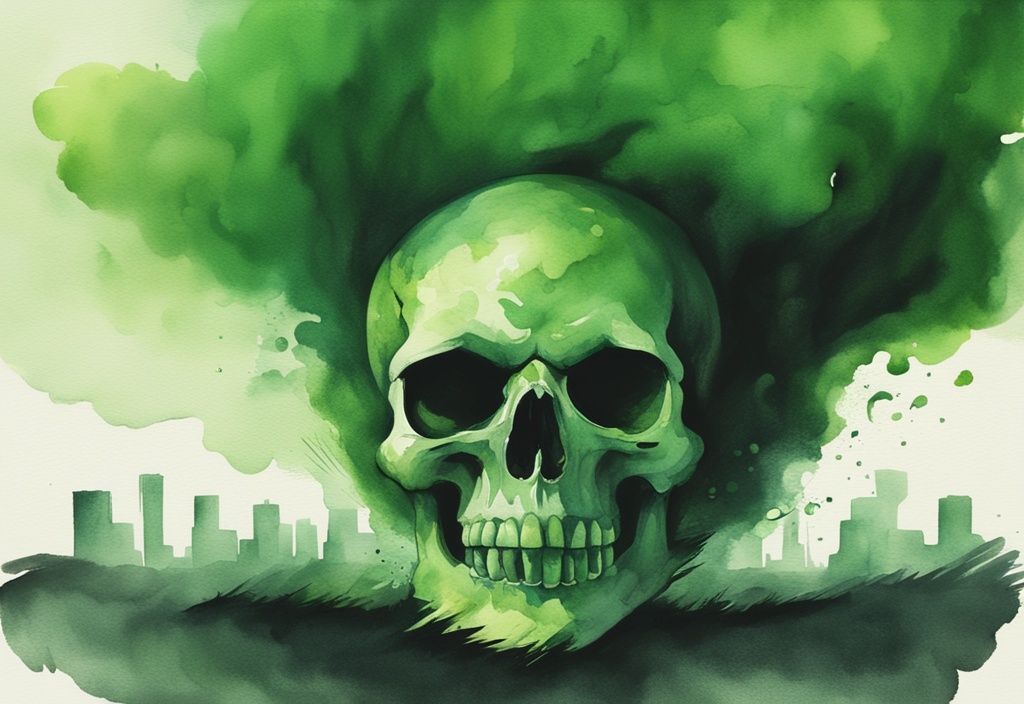 Modern watercolor illustration of a menacing skull-shaped dark cloud releasing pura toxic green fumes over a pristine landscape.