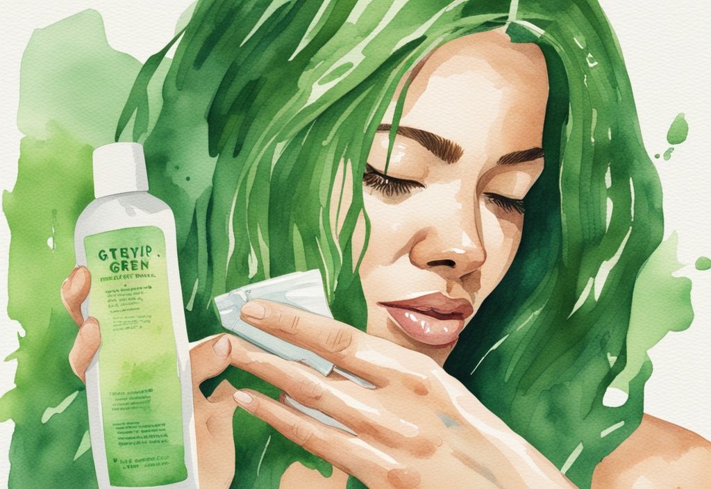 Modern watercolor illustration of a woman's hand pouring native shampoo onto the other hand, with a flaky scalp visible in the background, addressing the question: does native shampoo cause dandruff.