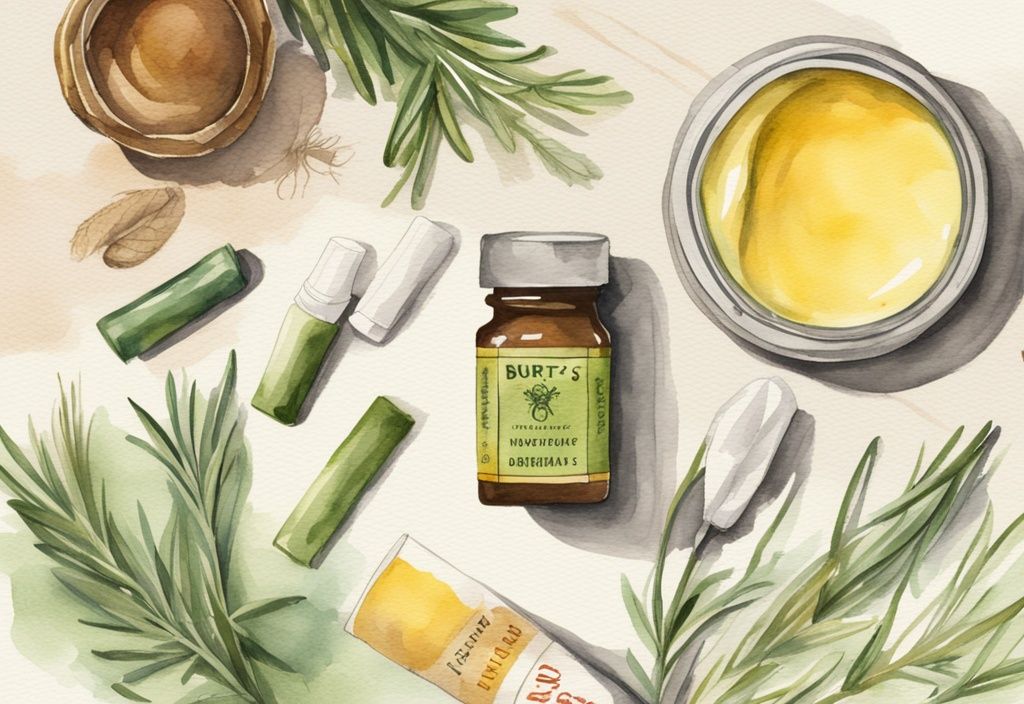 Modern watercolor illustration of Burt's Bees chapstick on rustic wooden table with natural ingredients like beeswax, coconut oil, peppermint, and rosemary extract.