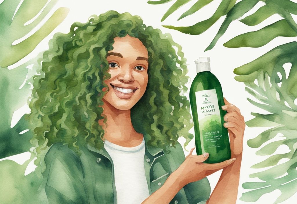 Modern watercolor illustration of a person with curly hair holding a bottle of Native shampoo, highlighting healthy, shiny curls; answering the question "is native shampoo good for curly hair.