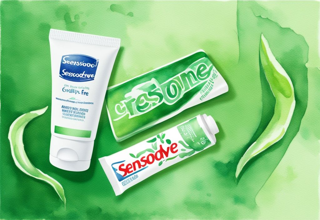 Modern green watercolor illustration featuring Sensodyne toothpaste tube beside cruelty-free logo, highlighting Sensodyne cruelty-free ethical production.