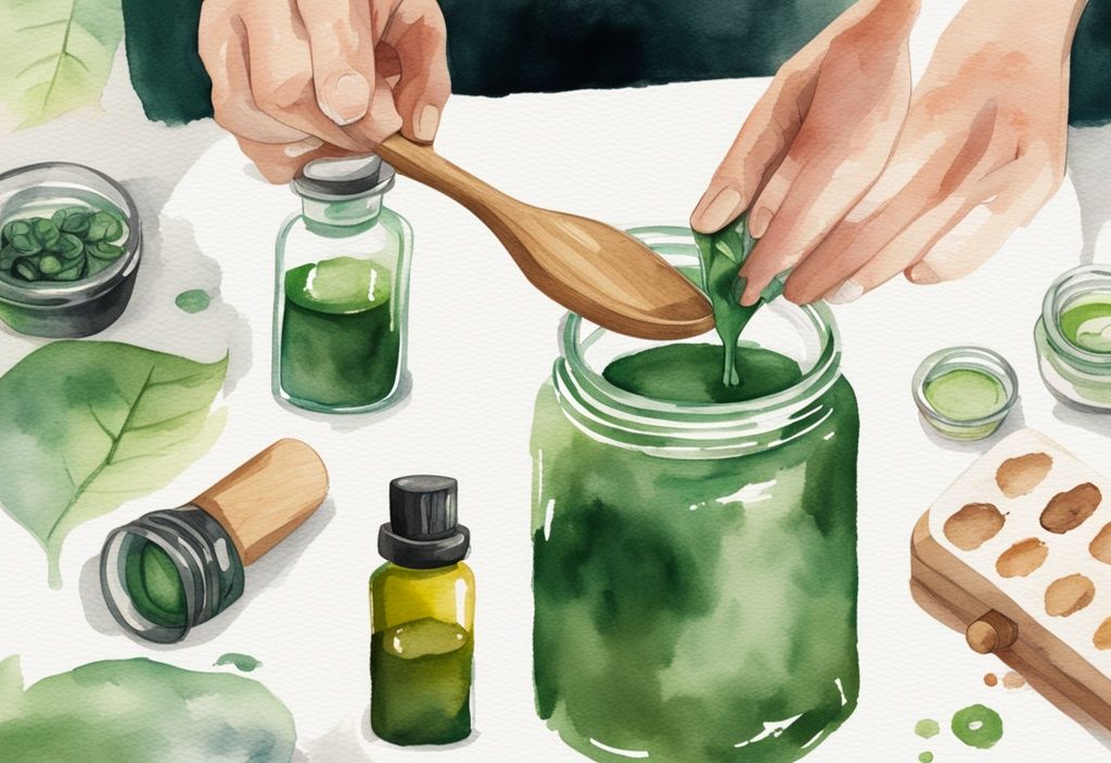 Modern watercolor illustration of hands pouring organic melted wax into a glass container with essential oils, cotton wicks, and wooden stirring spoon, demonstrating how to make non toxic candles.