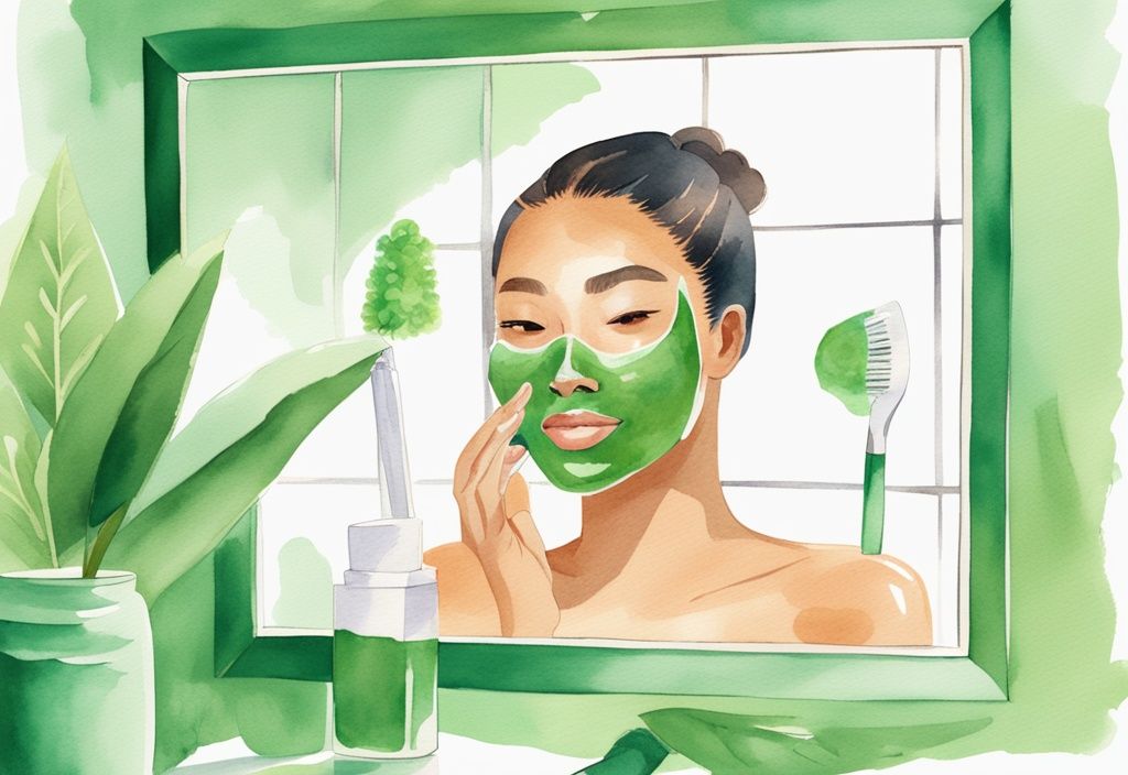 Modern watercolor illustration of green tea mask stick next to mirror reflecting glowing, clear-skinned woman after skincare routine