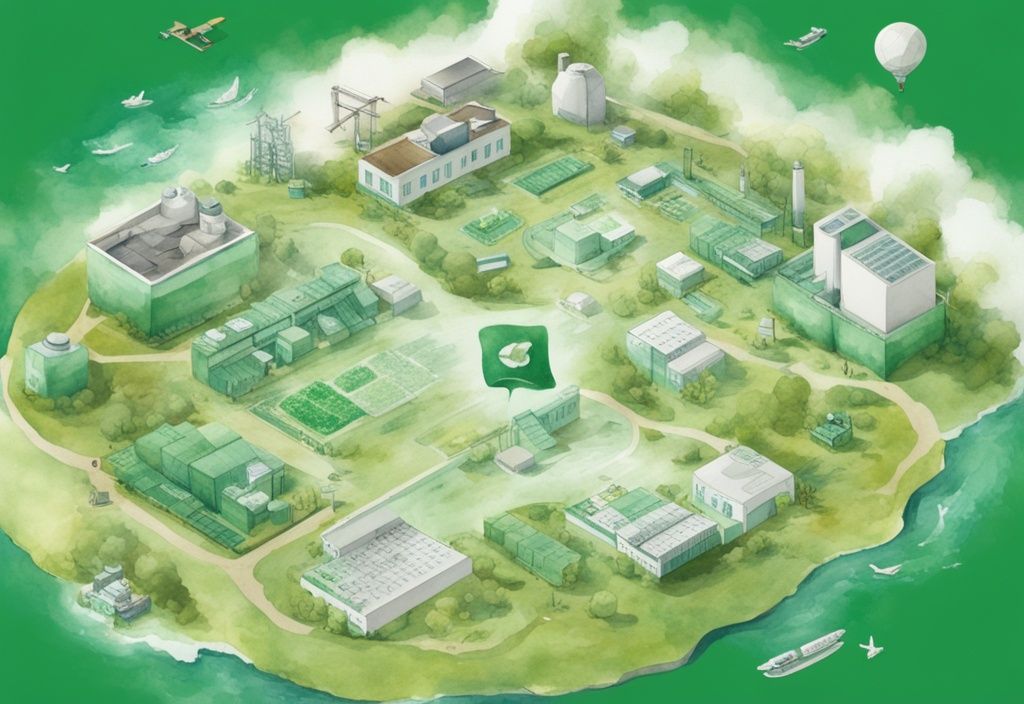 Modern watercolor map illustration highlighting where Earth Breeze laundry sheets are made, surrounded by images of the product and manufacturing process, with a green color theme.