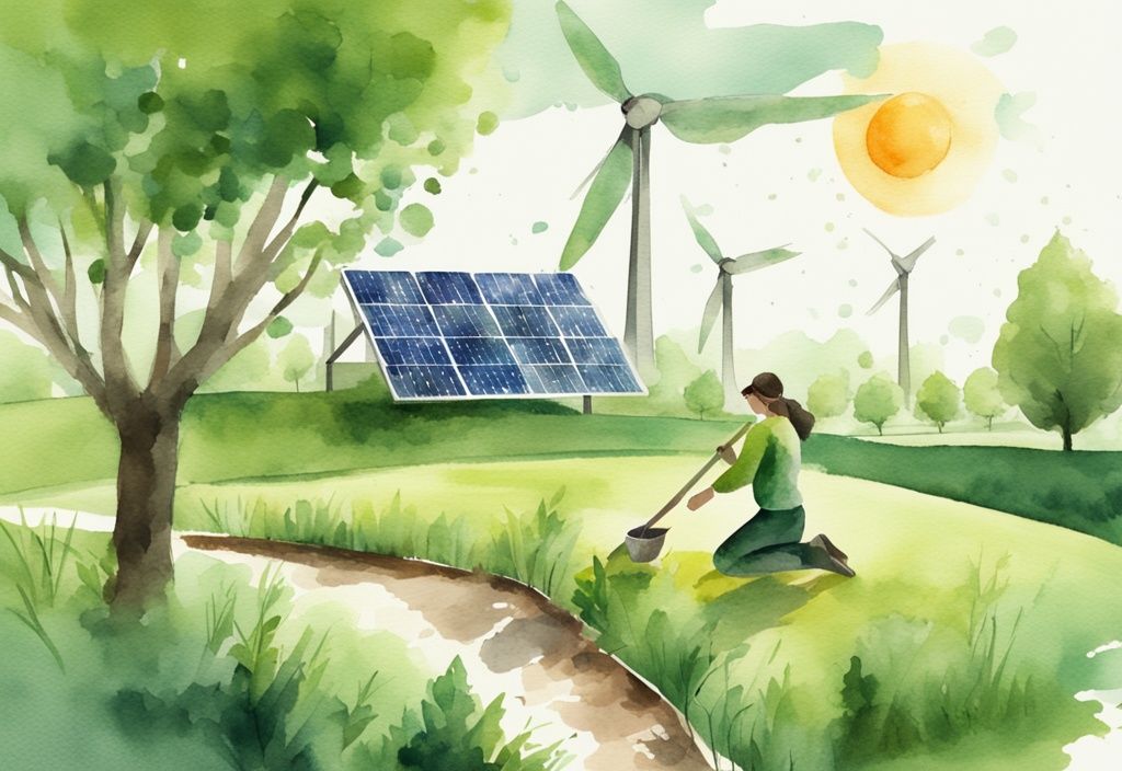 Modern watercolor illustration of a person planting a tree in a lush green garden with solar panels and a windmill in the background, symbolizing renewable energy.