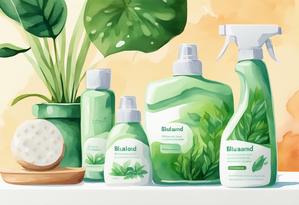 Modern watercolor illustration of Blueland non toxic cleaning products on a pristine countertop with green plants in the background.