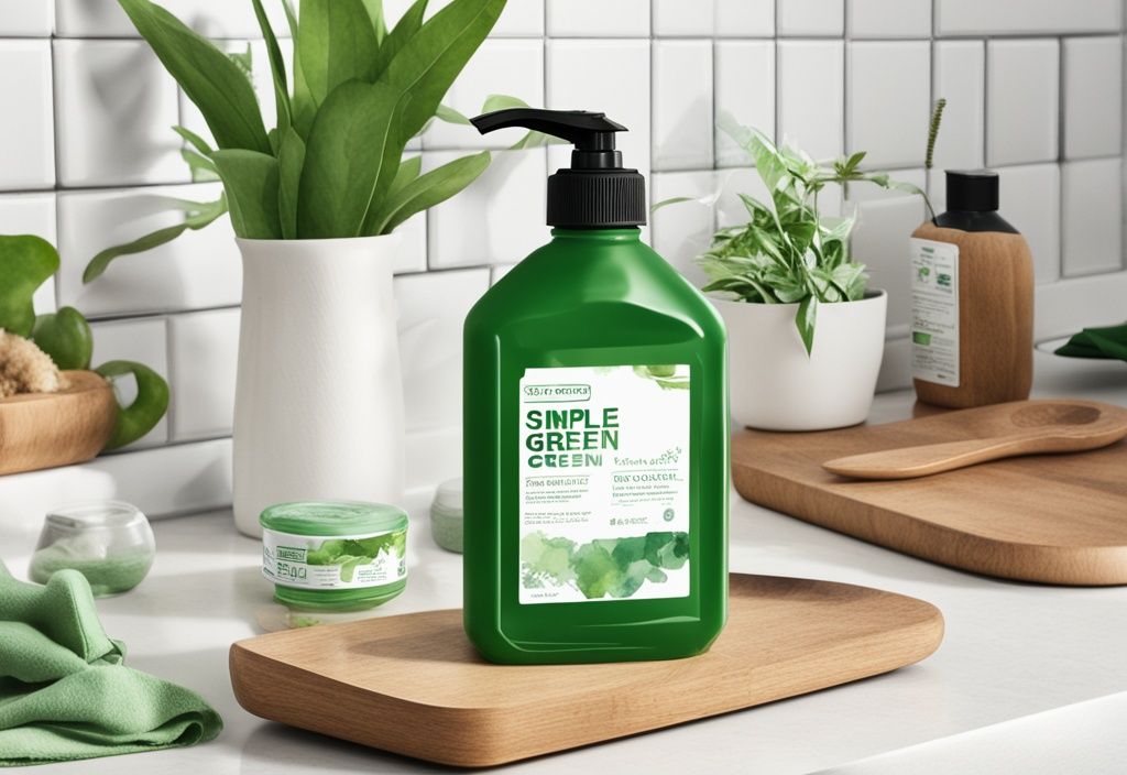 Modern watercolor illustration of Simple Green cleaning product on countertop with clean kitchenware and green plants