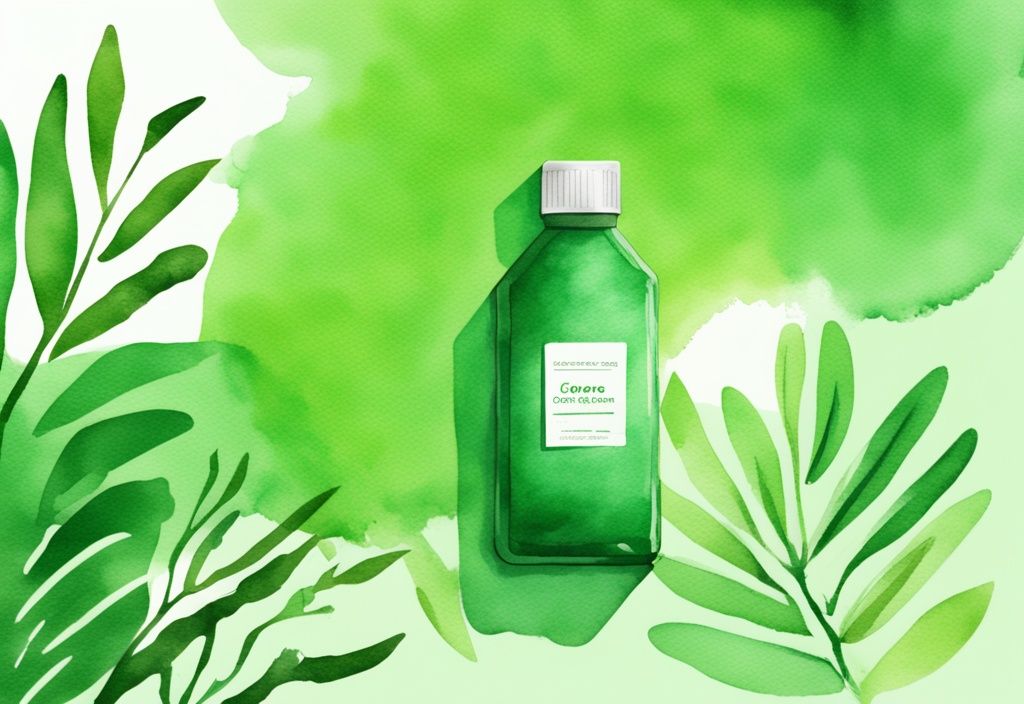 Modern watercolor illustration of Simple Green non-toxic cleaner bottle amidst vibrant green nature backdrop.