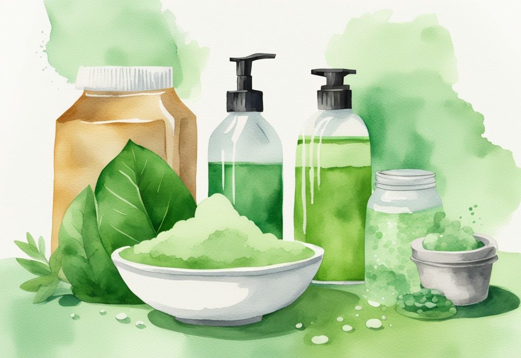 Modern watercolor illustration of how to make non-toxic laundry detergent with all-natural ingredients like baking soda, vinegar, essential oils, a mixing bowl, and a liquid dispenser.