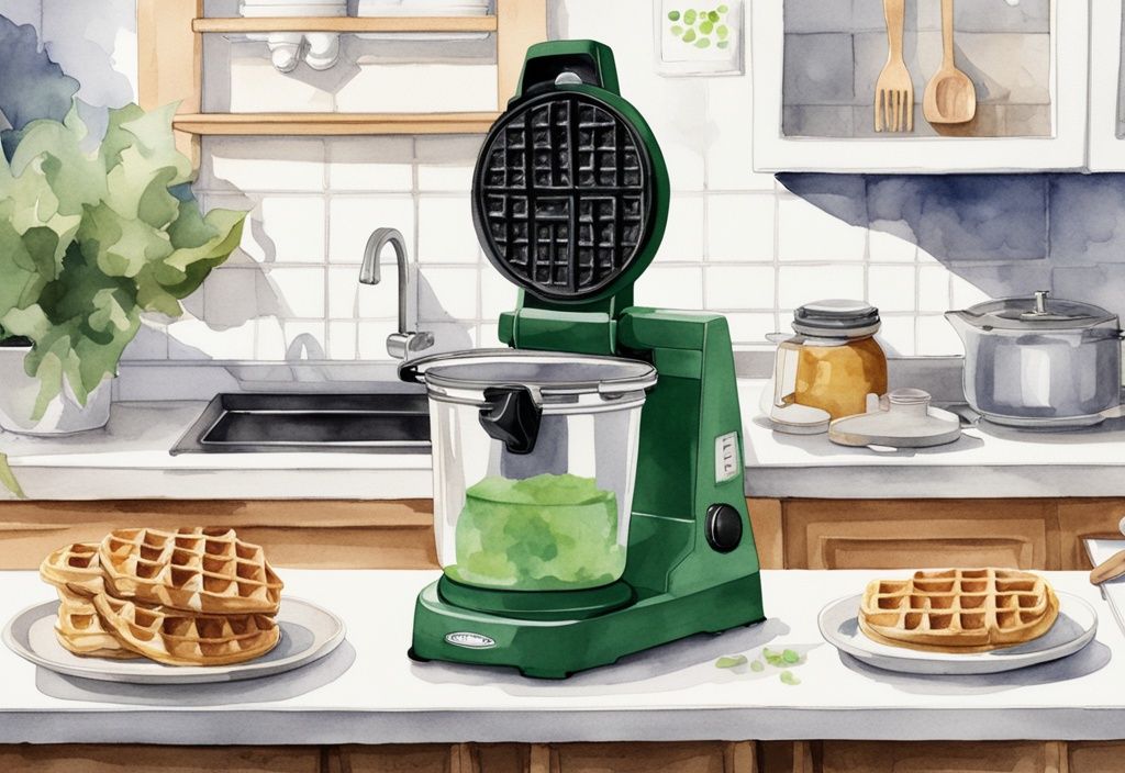 Modern green watercolor illustration of a non-toxic waffle maker in a pristine kitchen with waffles cooking inside, labeled non-toxic.