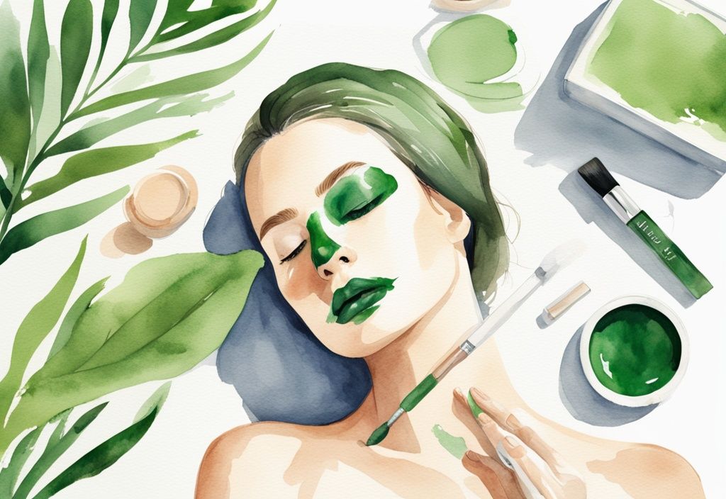 Modern watercolor illustration of hands applying green mask stick on serene female face; how to use green mask stick.