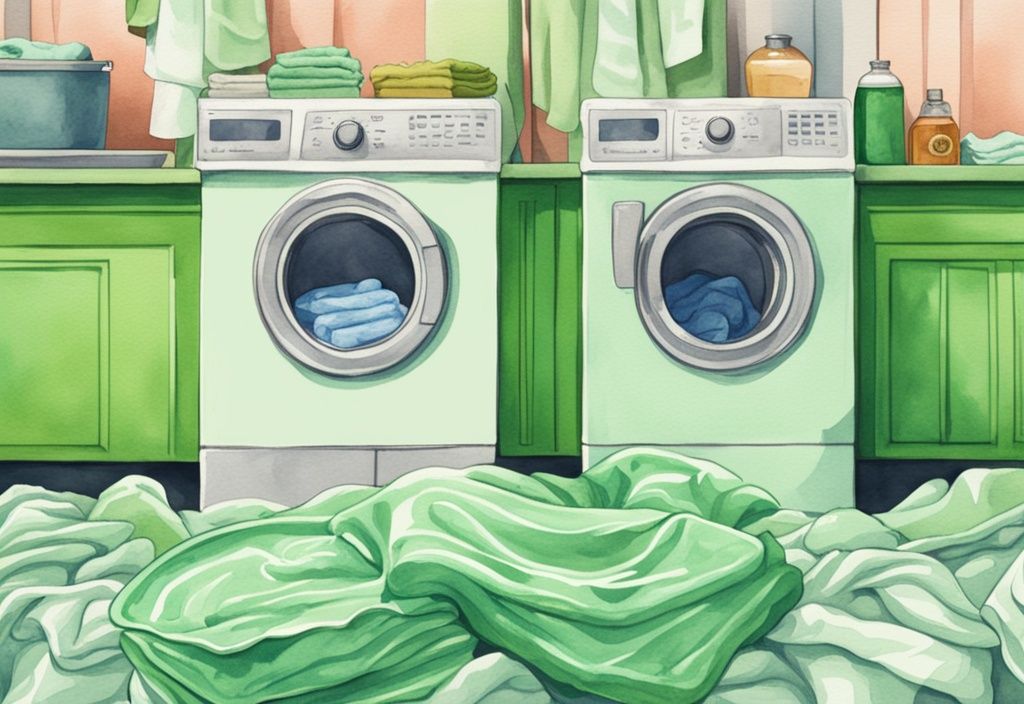 Modern watercolor illustration of two laundry piles comparing cleanliness and freshness: Nellie's laundry soda vs Molly's suds, with green color theme.