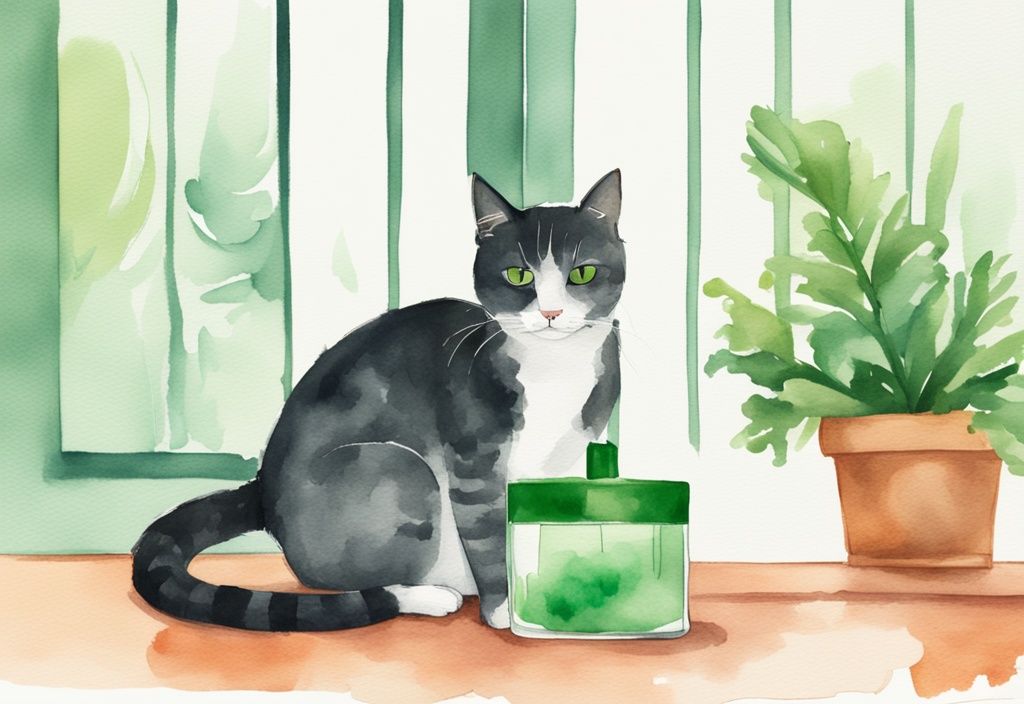 Modern green watercolor illustration of a curious cat sniffing an Air Wick air freshener in a clean home environment, exploring if Air Wick is safe for cats.