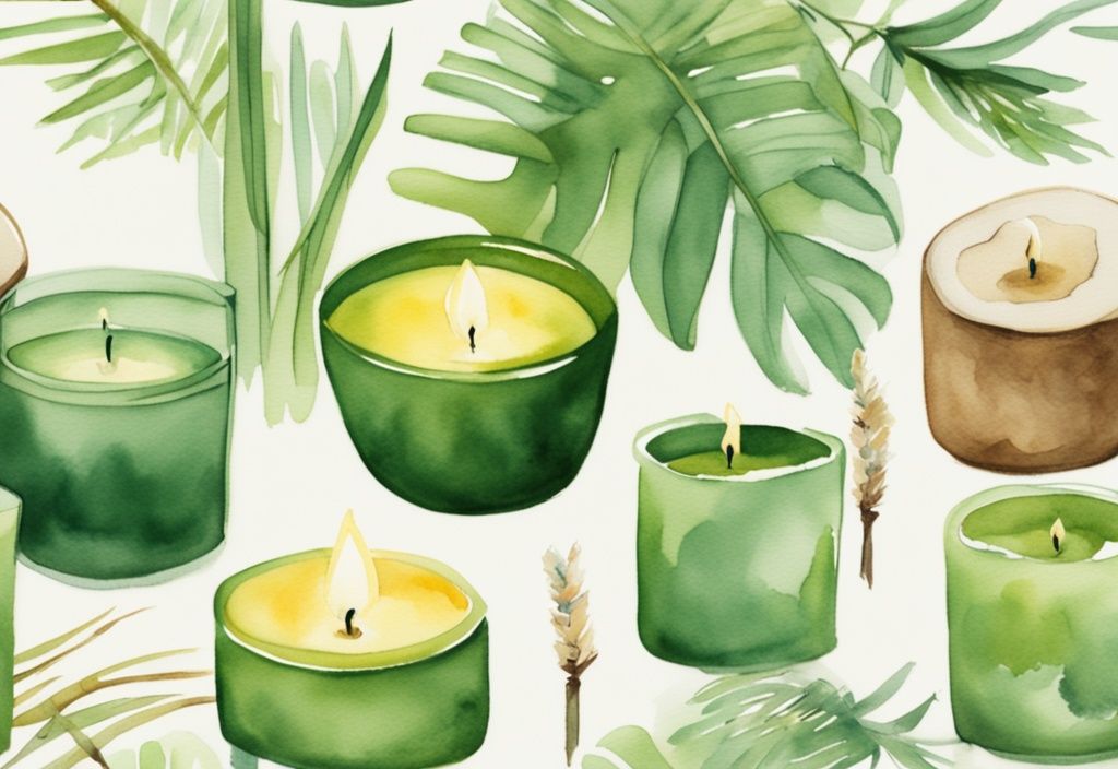 Modern watercolor illustration of green-themed eco-friendly soy, beeswax, and coconut wax candles in a serene setting, highlighting non-toxic alternatives