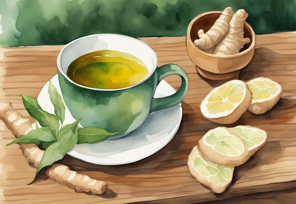 Modern watercolor illustration of various ginger tea brands on a wooden table with a steaming mug of ginger tea and freshly cut ginger root.