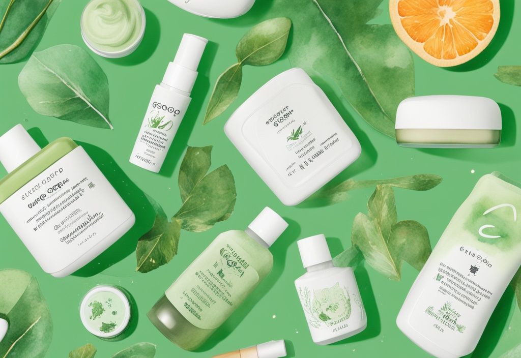 Modern watercolor illustration of Supergoop skincare products in green theme, surrounded by symbols of love, care, and animals, highlighting the brand's cruelty-free status, answering the question is supergoop cruelty free.