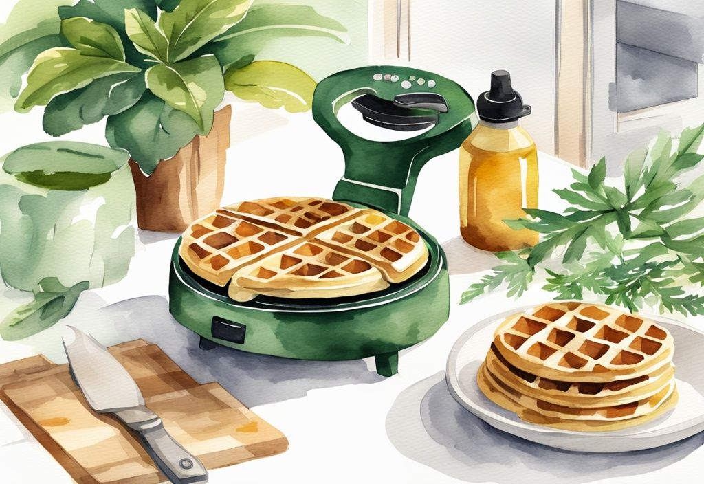 Modern watercolor illustration of a non-toxic waffle maker on a kitchen countertop with fresh golden-brown waffles and green leafy plants.