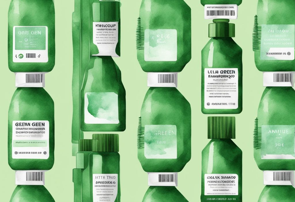 Modern watercolor illustration of green-themed Native shampoo bottles in a row with prominent anti-dandruff labels, addressing the question does Native shampoo help with dandruff.