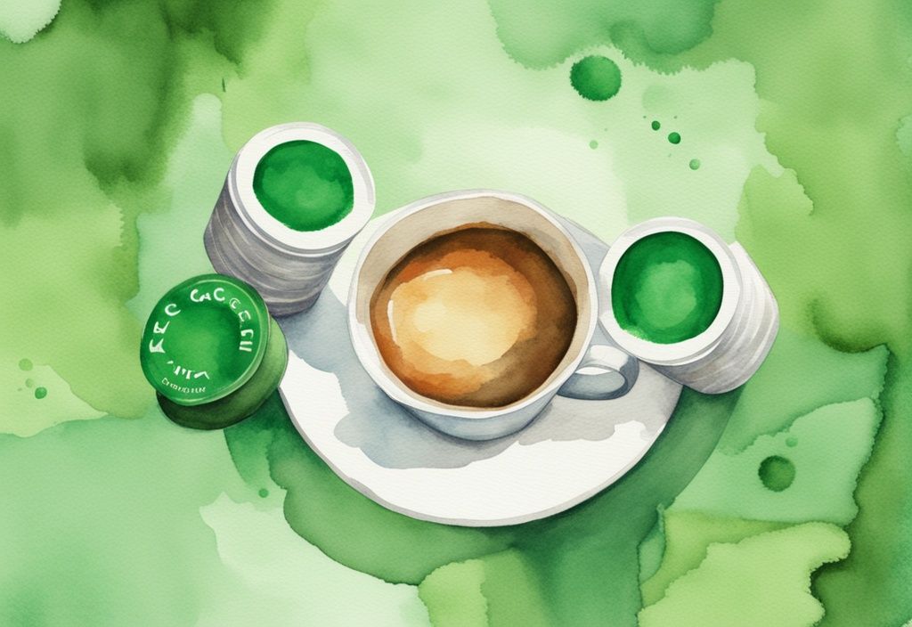 Modern watercolor illustration in green showing a stack of K-cups next to a symbolic cancer cell, suggesting a link and asking do K-cups cause cancer.