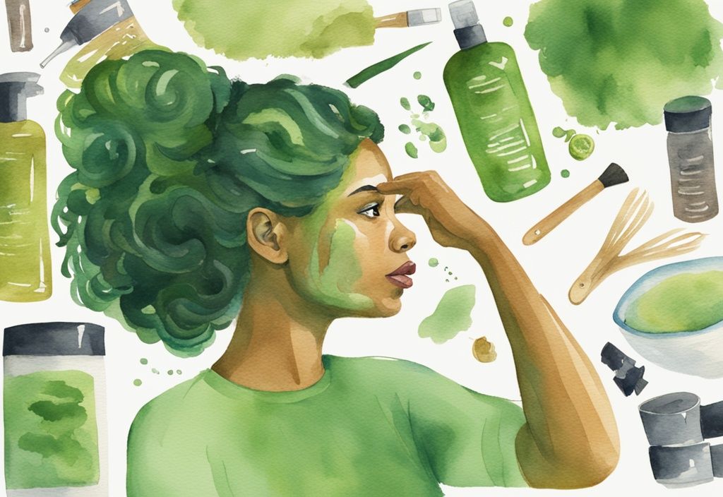 Modern watercolor illustration of a confused woman examining native hair product ingredients with damaged hair, green color theme.