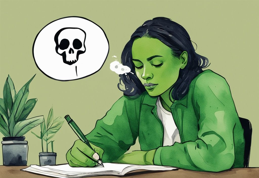 Modern watercolor illustration of a person with a thoughtful expression looking at a pen with a thought bubble showing a skull and crossbones over the pen's ink, green color theme.