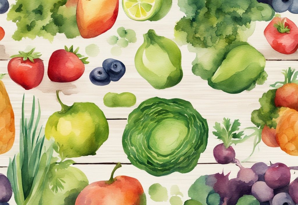 Modern watercolor illustration of organic fruits and vegetables on a rustic wooden table with a green color theme