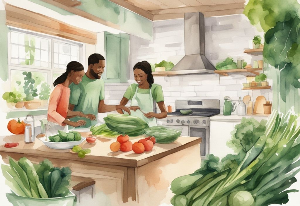 Modern watercolor illustration of a family cooking in a bright kitchen surrounded by fresh produce, recyclable goods, and eco-friendly household items, promoting a non toxic lifestyle.