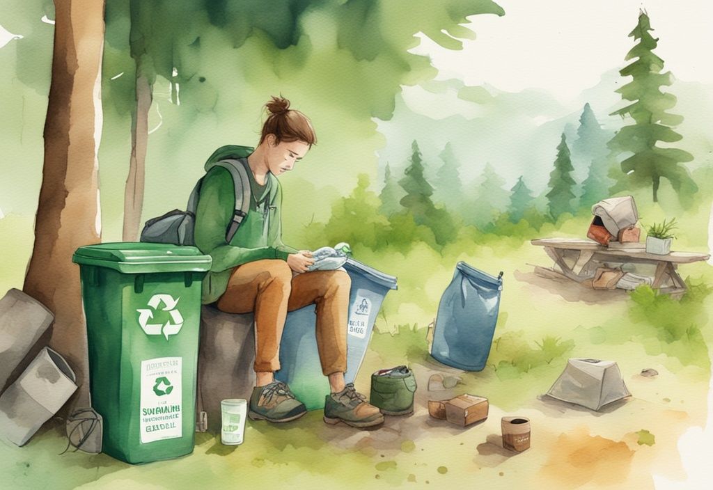 Modern watercolor illustration of a young backpacker sorting waste into recycling bins at a campsite with a 'Sustainable Travel Level 1' sign, green color theme.