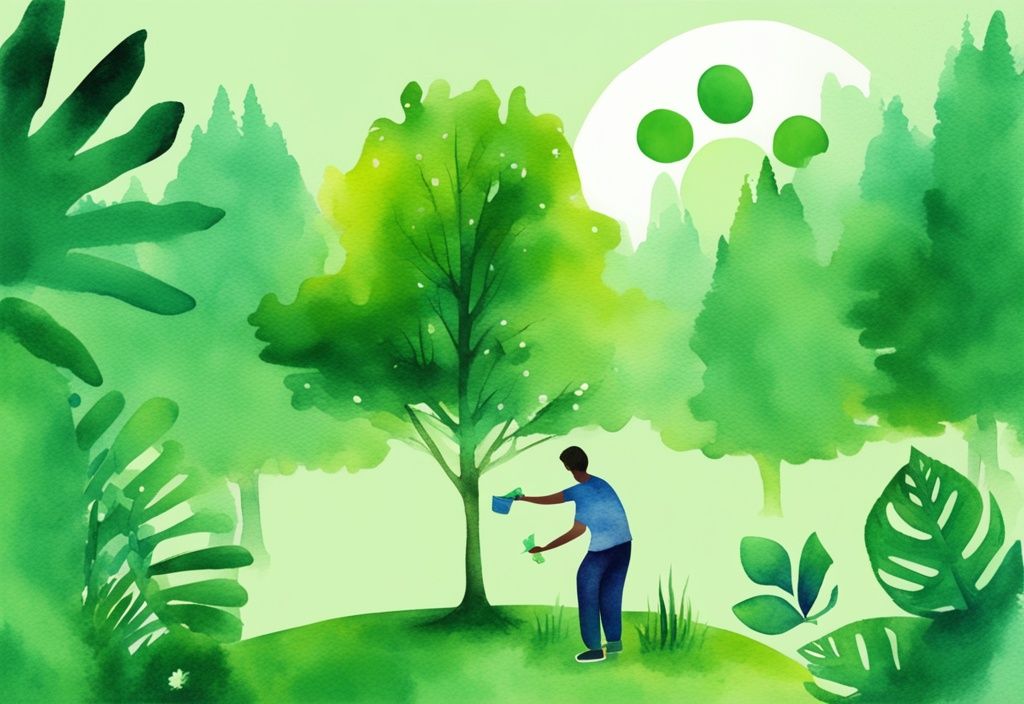 Modern watercolor illustration of a person planting a tree in a lush green park with a vibrant recycling symbol in the background.