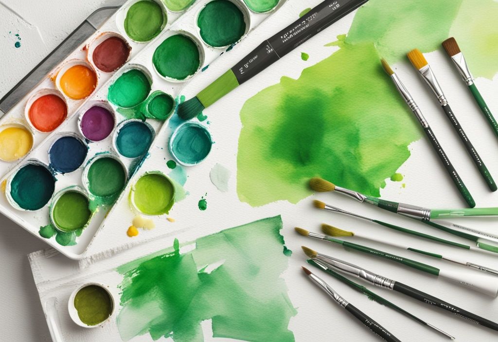 Modern watercolor illustration with green theme, non-toxic acrylic paints labeled 'best,' paintbrushes, and canvas for safe creativity.