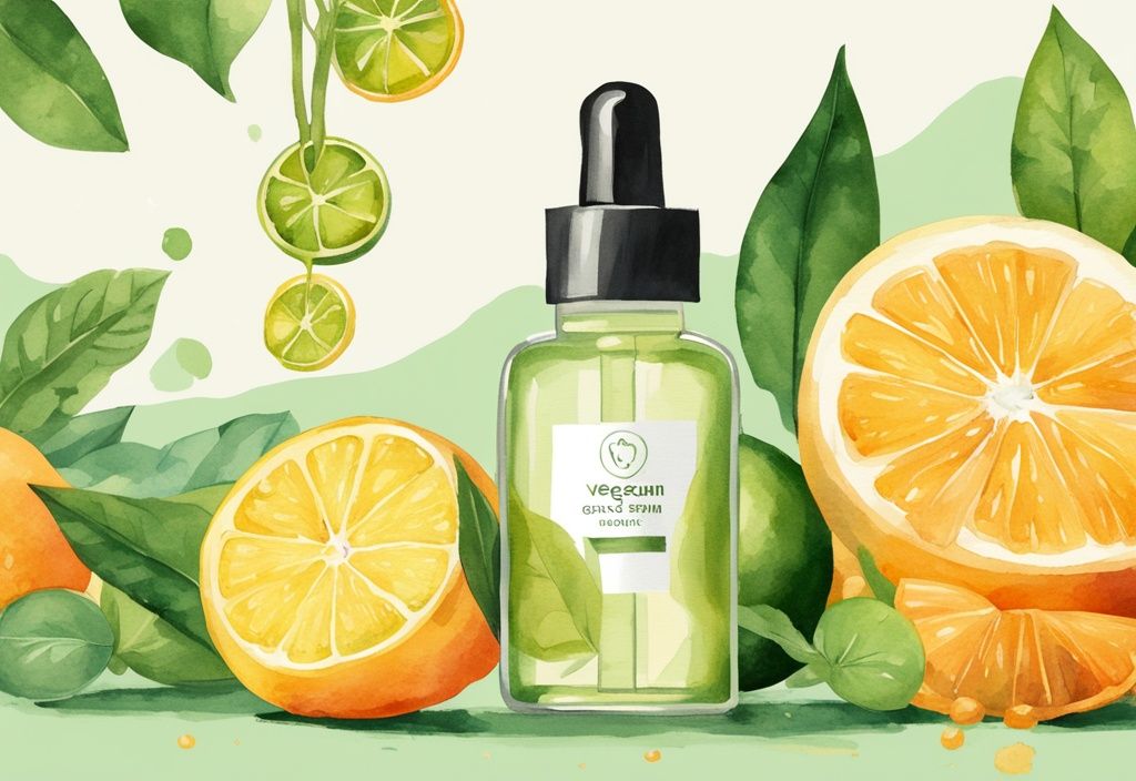 Modern watercolor illustration of a glass dropper bottle with golden vegan vitamin C serum, set against fresh citrus fruits background.