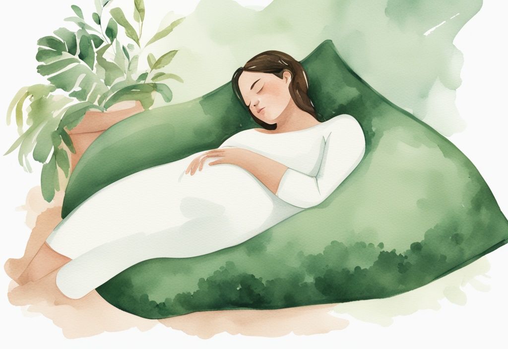 Modern watercolor illustration of a pregnant woman sleeping with a non-toxic pregnancy pillow on a green-themed bed.