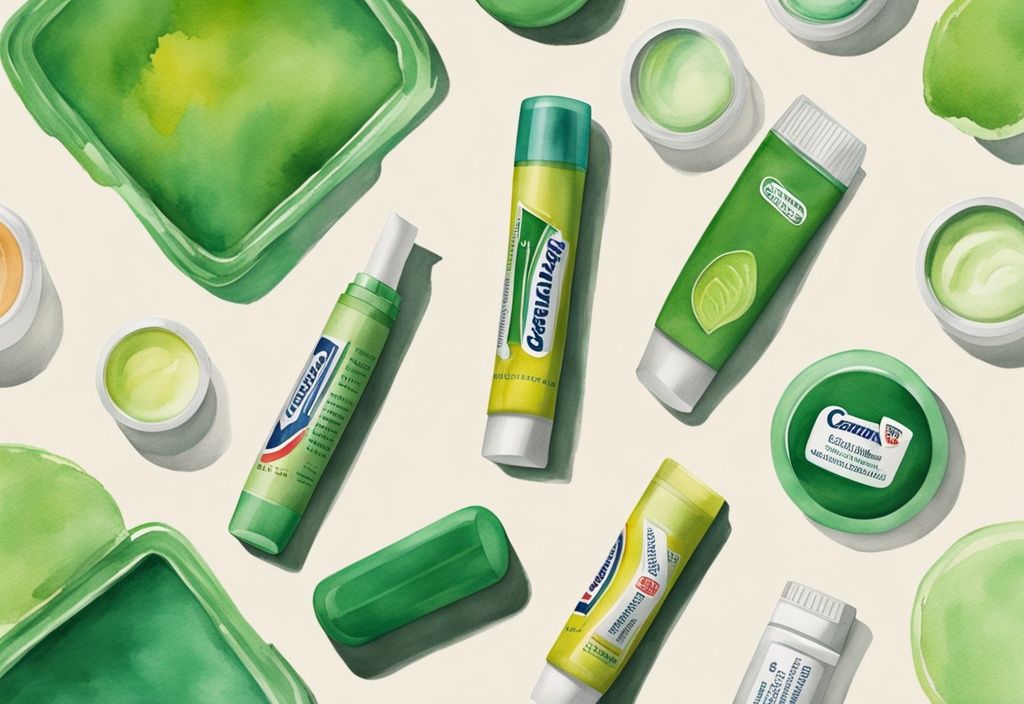 Modern watercolor illustration of Carmex vs Vaseline lip balms in half-opened containers on a neutral background, highlighting green color theme.