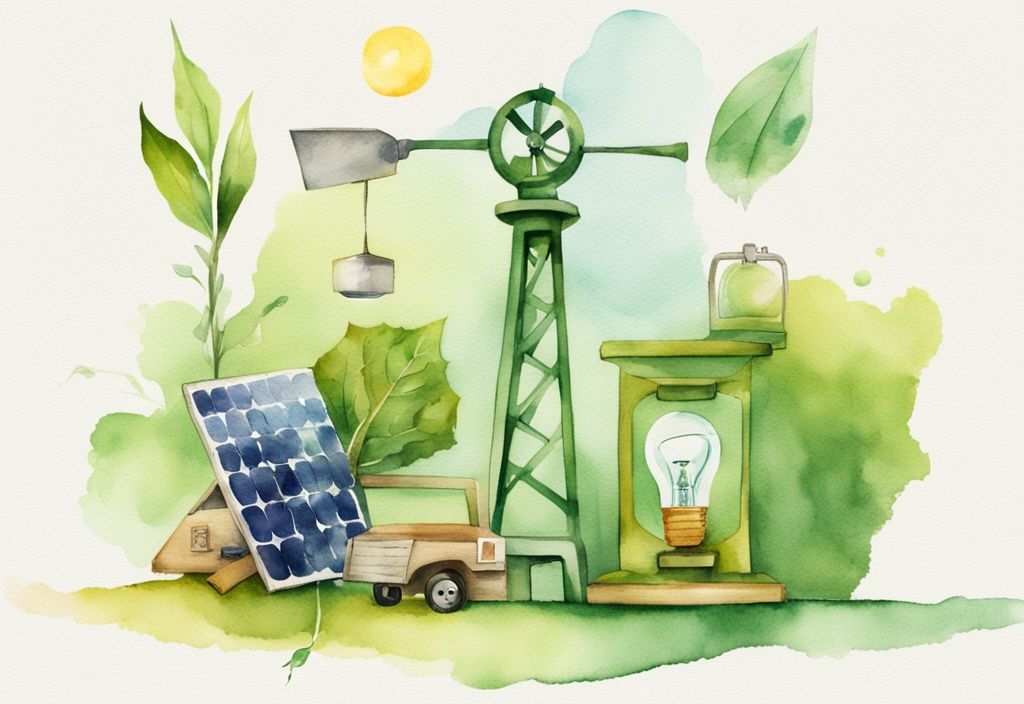 Modern watercolor illustration of a balance scale comparing eco-friendly items like a leaf, recycle symbol, light bulb, and sustainable items like a windmill, solar panel, and biofuel pump, highlighting eco friendly vs sustainable.