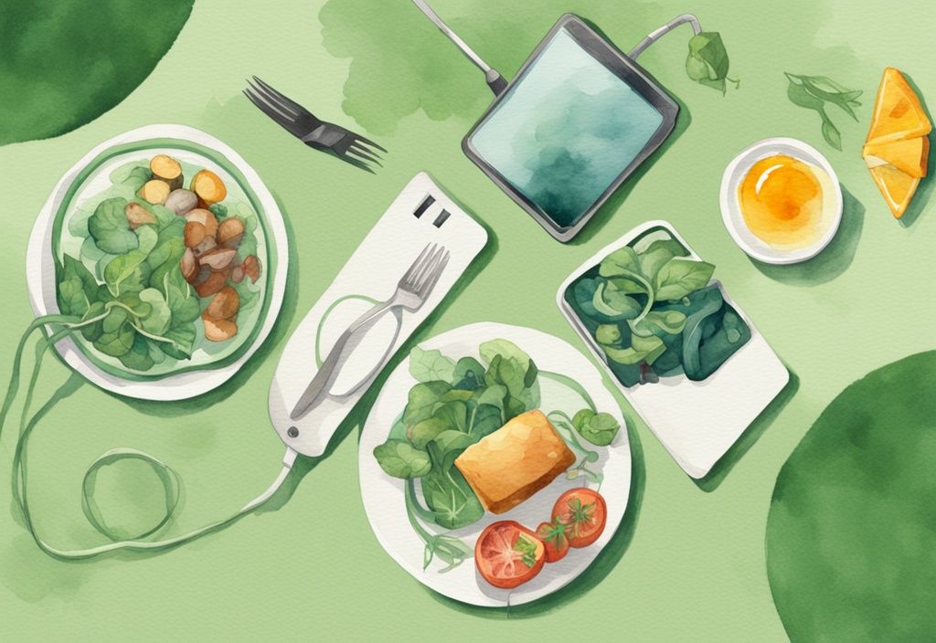 Modern watercolor illustration of a person reducing food intake, next to an unplugged charger and cycling bike, symbolizing sustainable consumption in eating, energy, and transportation, with a green color theme.