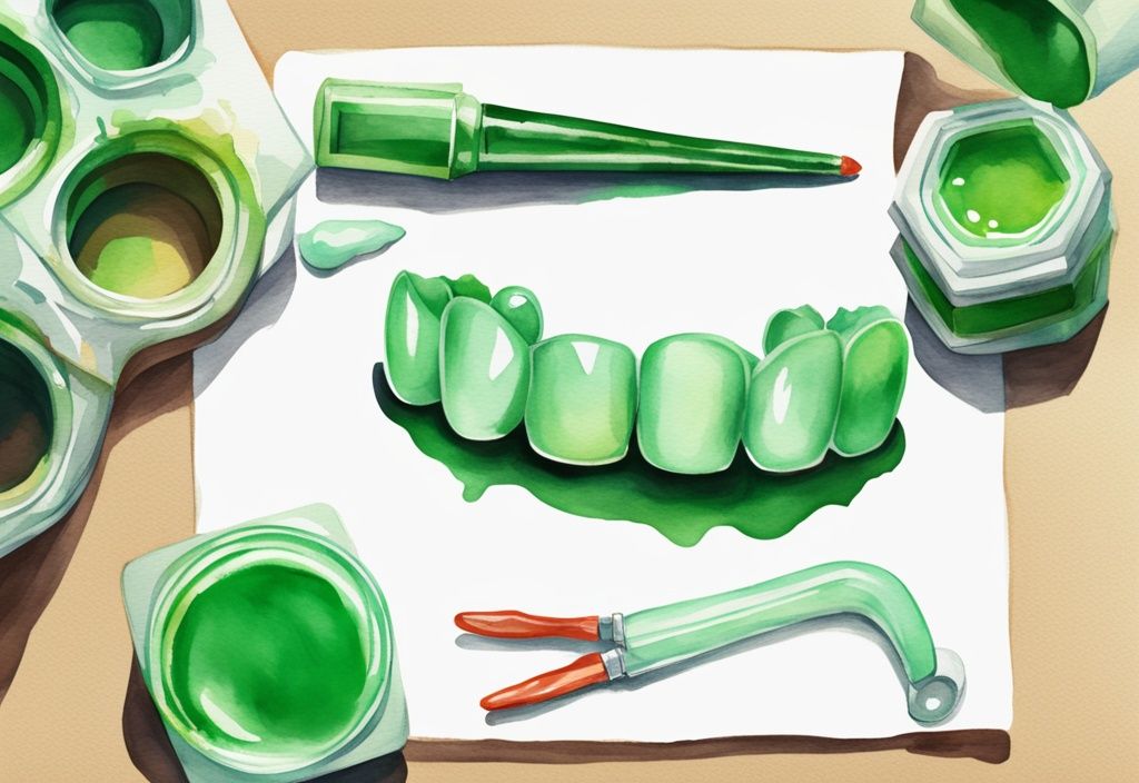 Modern green watercolor illustration of non-toxic super glue tube next to dentures for dental use