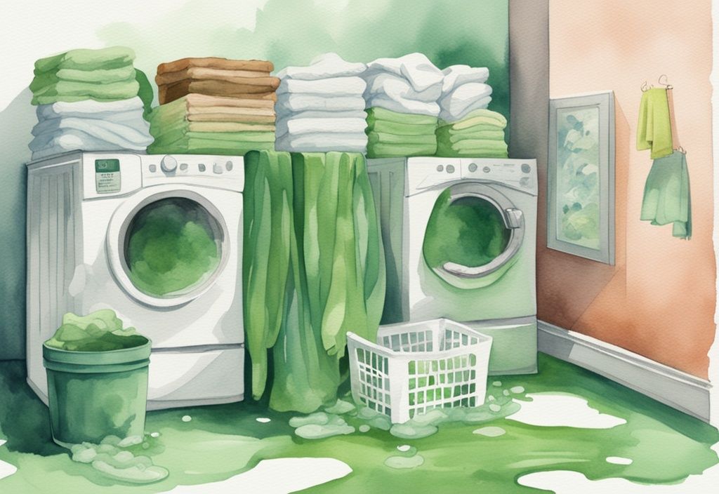 Modern watercolor illustration comparing two piles of laundry, one cleaned with Nellie's laundry soda vs Molly's suds, highlighting differences in cleanliness and freshness, green color theme.